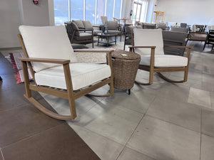 2 Rocking Chairs with White Cushions + Wicker Side Table/Cooler