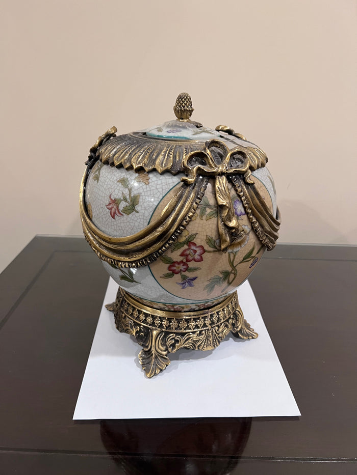 Crackled Porcelain Lidded Round Vase with Brass Accents