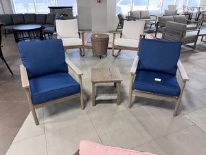 2 Club Chairs with Blue Cushions + Side Side Table