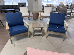 2 Club Chairs with Blue Cushions + Side Side Table
