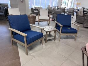 2 Club Chairs with Blue Cushions + Side Side Table