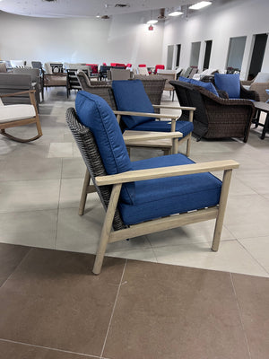 2 Club Chairs with Blue Cushions + Side Side Table