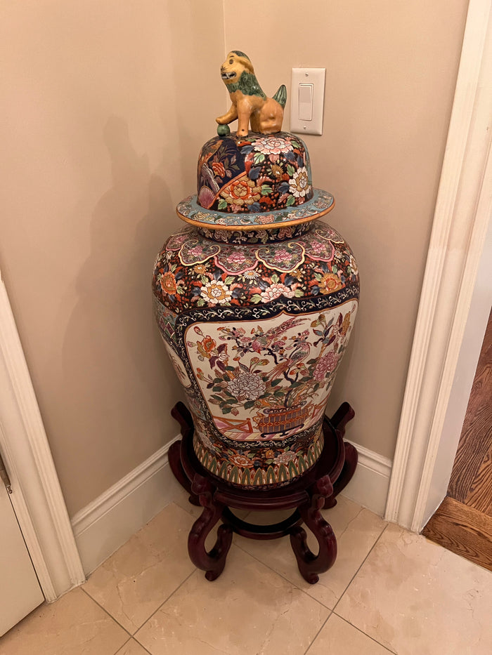 Large Vintage Chinese Foo Dog Lidded Floor Vase on Stand, c. 1980s