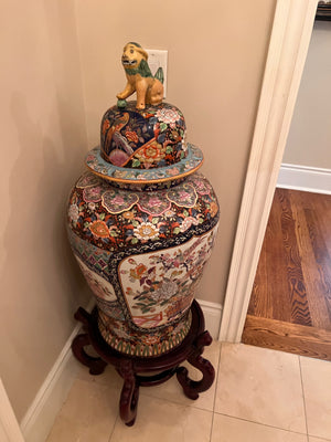 Large Vintage Chinese Foo Dog Lidded Floor Vase on Stand, c. 1980s