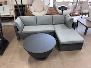 Small Wicker Sectional Sofa + Round Wood Burning Fire Table