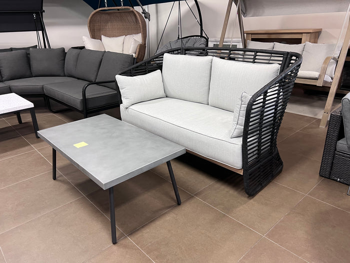 Wicker High Back Sofa with Light Grey Cushions + Coffee Table