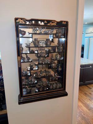 Small Oriental Wall Display Cabinet, with miniature Cloisonné Lot