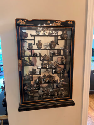 Small Oriental Wall Display Cabinet, with miniature Cloisonné Lot