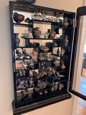 Small Oriental Wall Display Cabinet, with miniature Cloisonné Lot