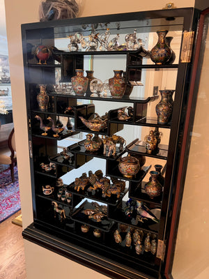 Small Oriental Wall Display Cabinet, with miniature Cloisonné Lot