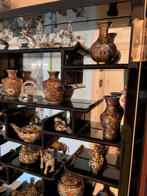 Small Oriental Wall Display Cabinet, with miniature Cloisonné Lot