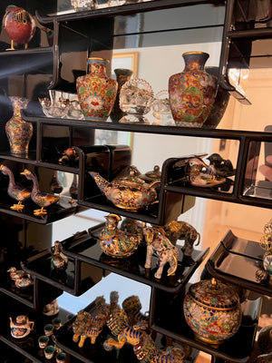 Small Oriental Wall Display Cabinet, with miniature Cloisonné Lot