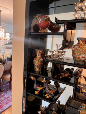 Small Oriental Wall Display Cabinet, with miniature Cloisonné Lot