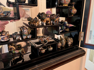 Small Oriental Wall Display Cabinet, with miniature Cloisonné Lot