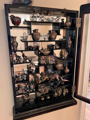 Small Oriental Wall Display Cabinet, with miniature Cloisonné Lot