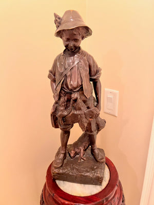Composite Sculpture 'Boy Poacher' After Auguste Moreau, on Pedestal Stand