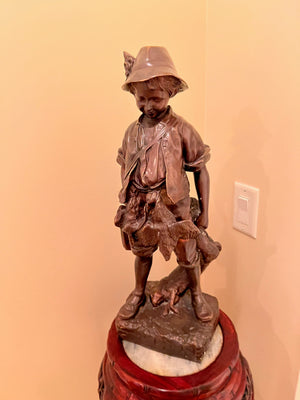 Composite Sculpture 'Boy Poacher' After Auguste Moreau, on Pedestal Stand