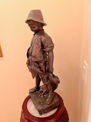 Composite Sculpture 'Boy Poacher' After Auguste Moreau, on Pedestal Stand