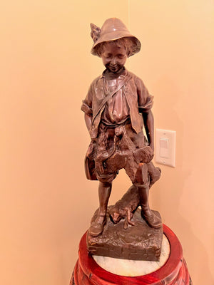 Composite Sculpture 'Boy Poacher' After Auguste Moreau, on Pedestal Stand