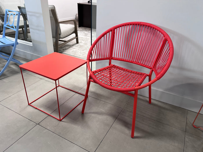 Red Wicker Egg Chair + Side Table