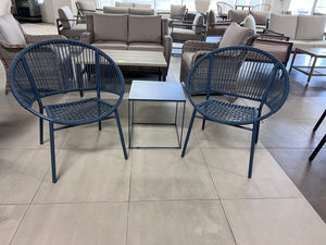 2 Blue Wicker Egg Chairs + Side Table