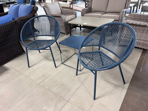 2 Blue Wicker Egg Chairs + Side Table
