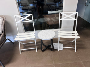 2 White Steel Folding Chairs + Side Table