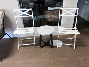 2 White Steel Folding Chairs + Side Table