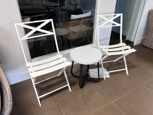 2 White Steel Folding Chairs + Side Table