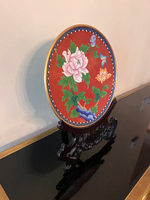 Vintage Chinese Cloisonne Plate on Stand
