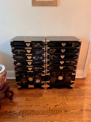 2 Vintage Black Lacquered Chinoiserie Silverware Cabinets
