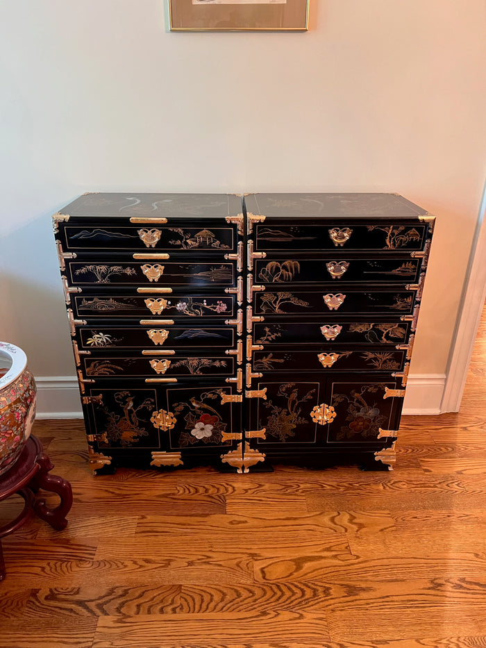 2 Vintage Black Lacquered Chinoiserie Silverware Cabinets