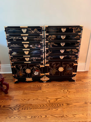 2 Vintage Black Lacquered Chinoiserie Silverware Cabinets