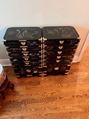 2 Vintage Black Lacquered Chinoiserie Silverware Cabinets