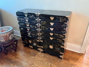 2 Vintage Black Lacquered Chinoiserie Silverware Cabinets