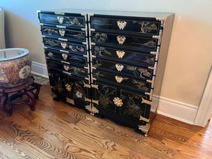 2 Vintage Black Lacquered Chinoiserie Silverware Cabinets