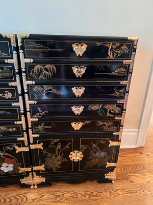 2 Vintage Black Lacquered Chinoiserie Silverware Cabinets