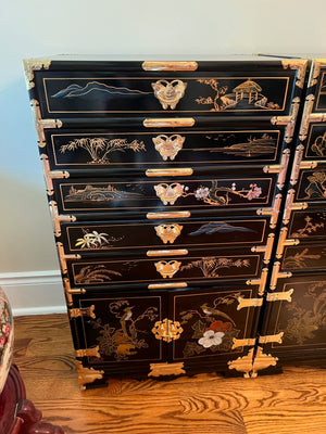 2 Vintage Black Lacquered Chinoiserie Silverware Cabinets