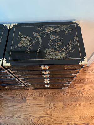 2 Vintage Black Lacquered Chinoiserie Silverware Cabinets