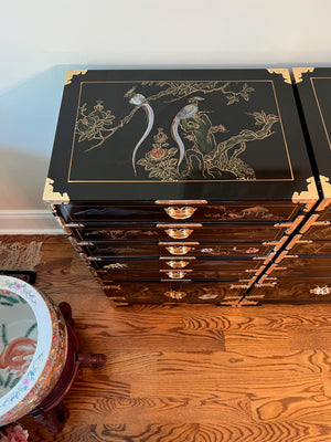 2 Vintage Black Lacquered Chinoiserie Silverware Cabinets