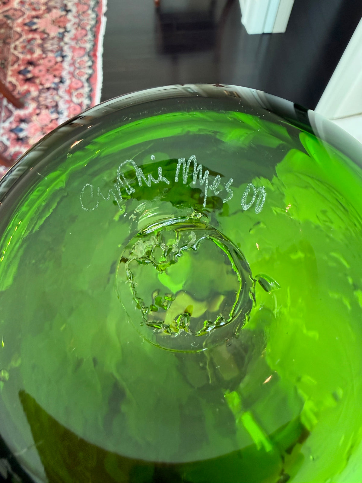 Cynthia Myers Signed Green Art Glass Vase- 11.5"
