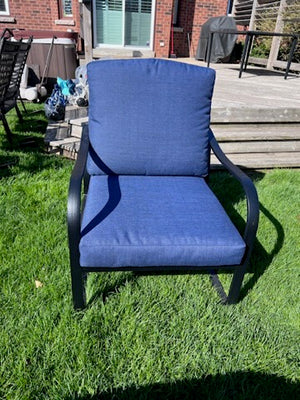 Black Metal Frame, Blue Cushions C-Spring Armchair