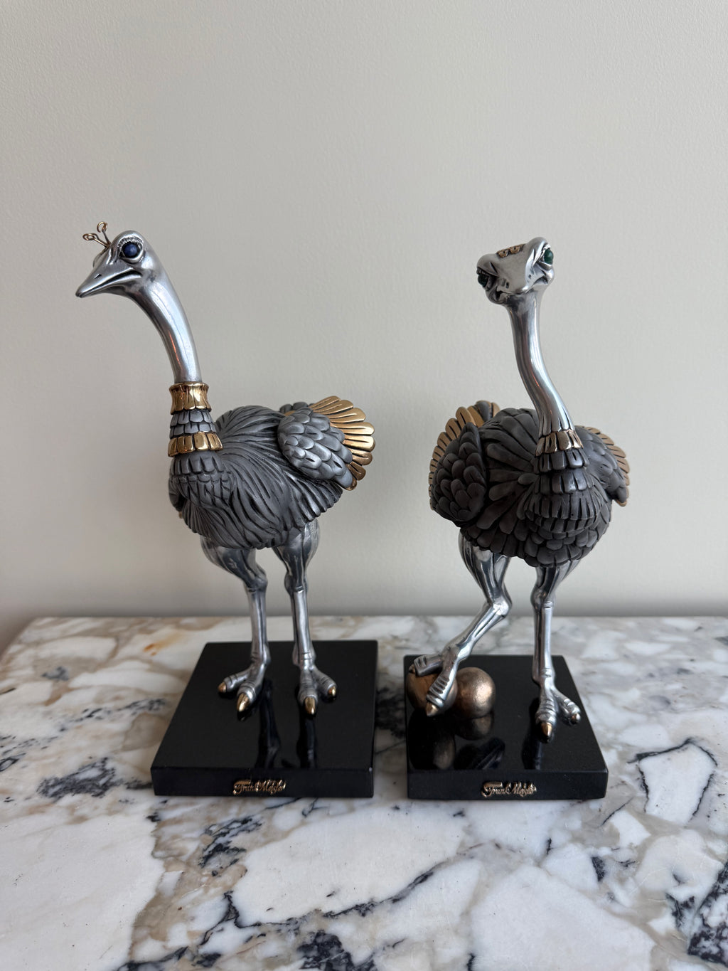 Pair of Frank Meisler Signed Limited Edition Male & Female Ostrich Fine Metal Sculptures- 10.75"