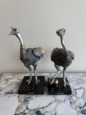 Pair of Frank Meisler Signed Limited Edition Male & Female Ostrich Fine Metal Sculptures- 10.75"