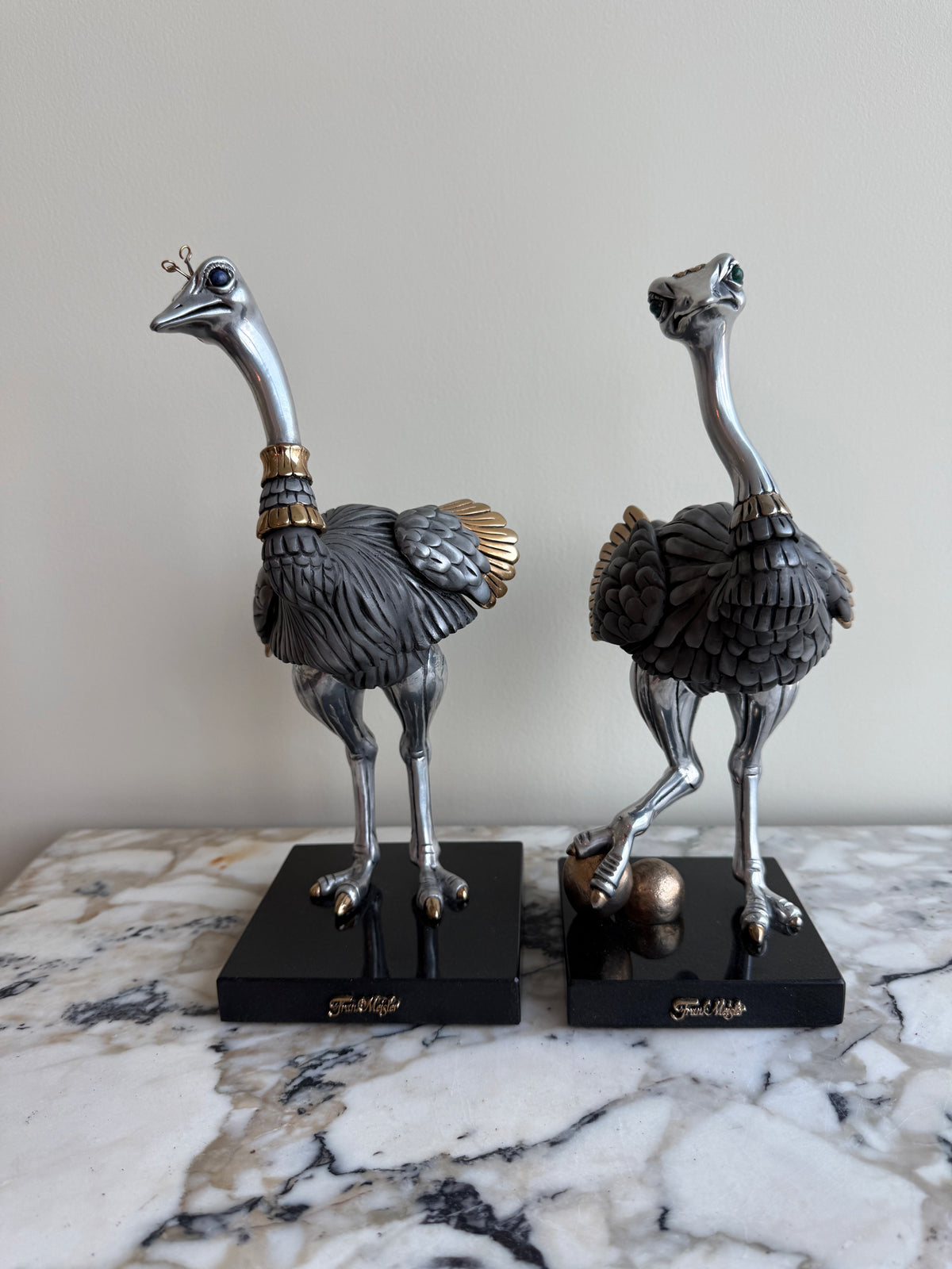 Pair of Frank Meisler Signed Limited Edition Male & Female Ostrich Fine Metal Sculptures- 10.75"