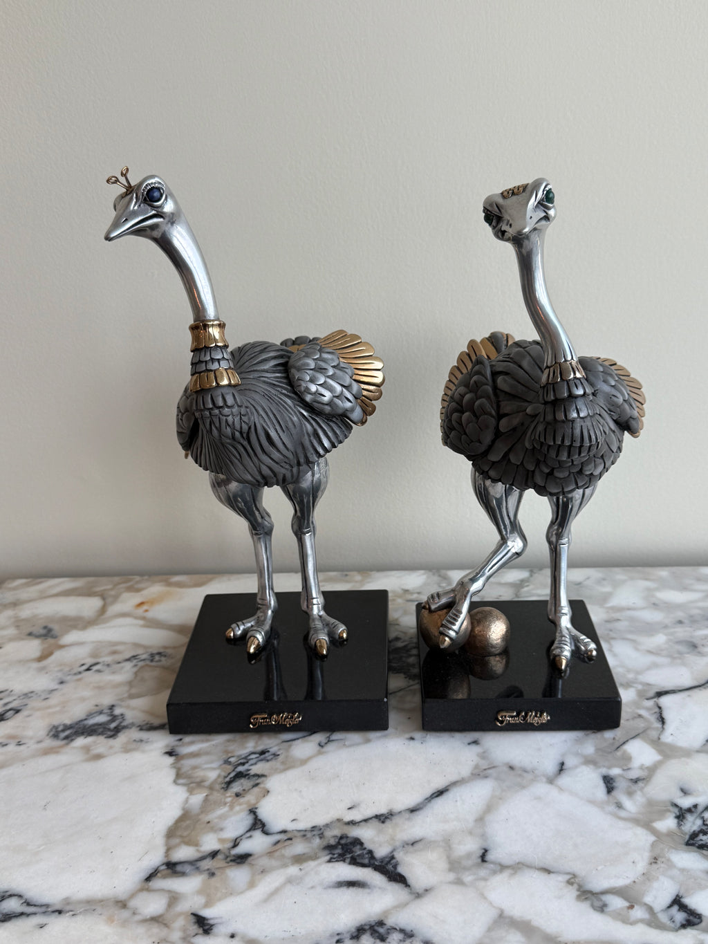 Pair of Frank Meisler Signed Limited Edition Male & Female Ostrich Fine Metal Sculptures- 10.75"