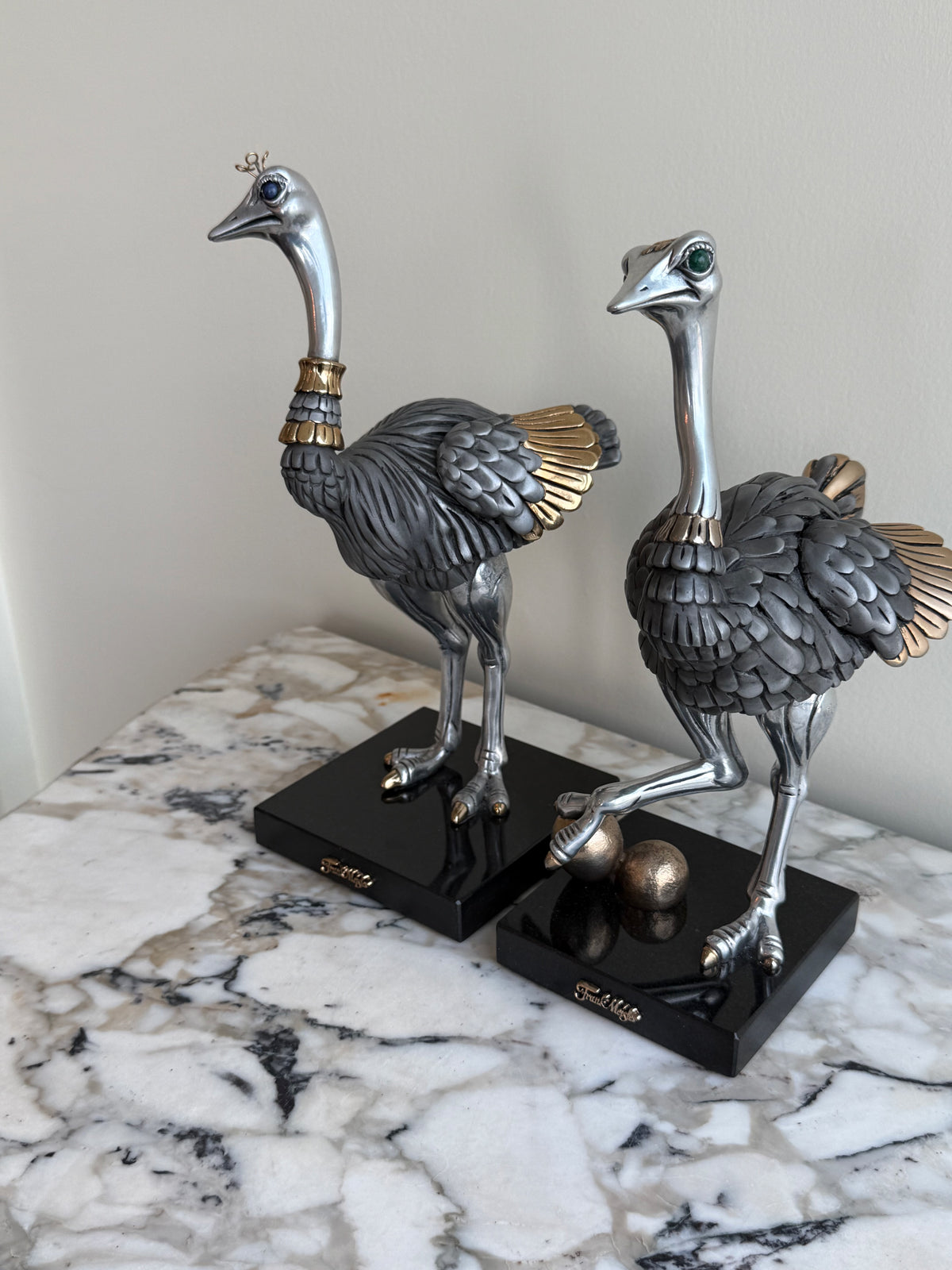 Pair of Frank Meisler Signed Limited Edition Male & Female Ostrich Fine Metal Sculptures- 10.75"