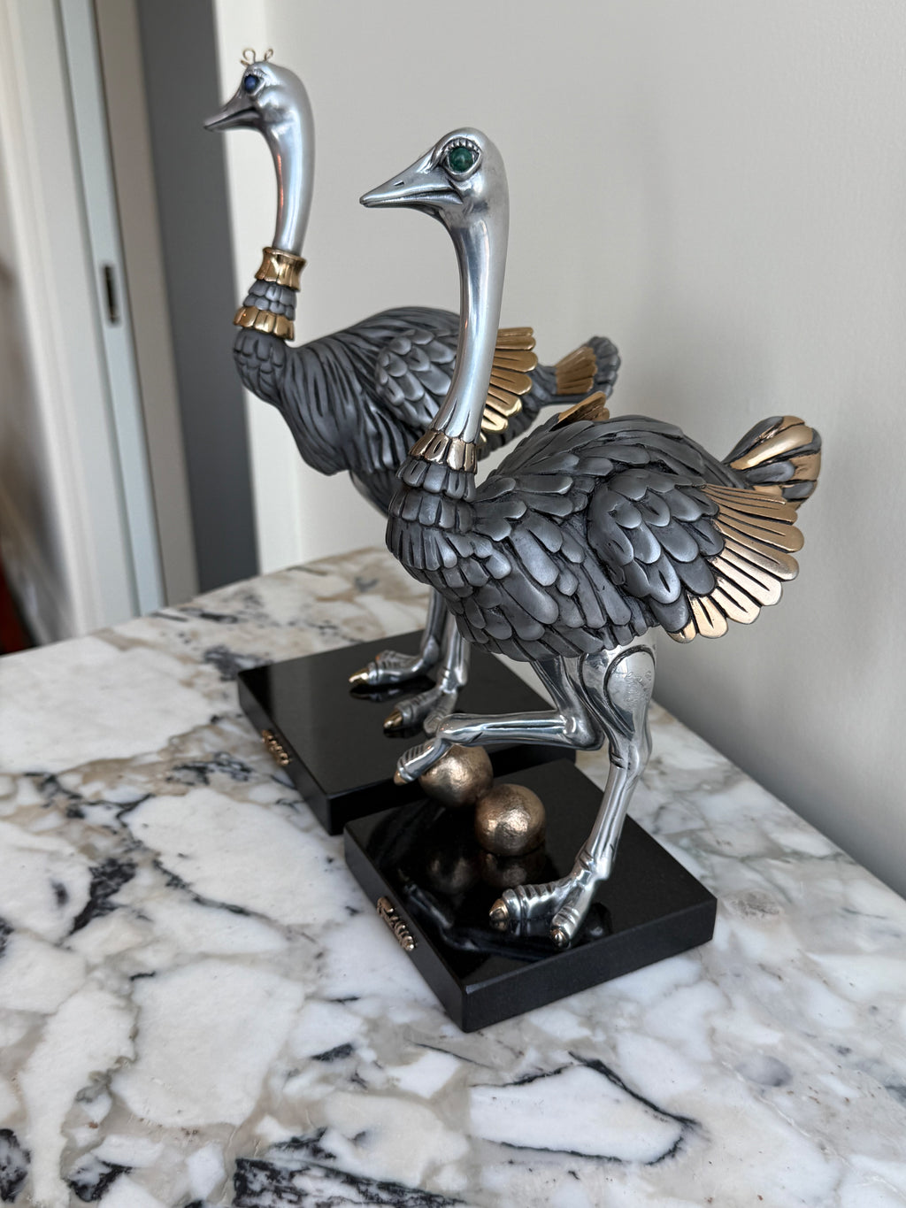 Pair of Frank Meisler Signed Limited Edition Male & Female Ostrich Fine Metal Sculptures- 10.75"