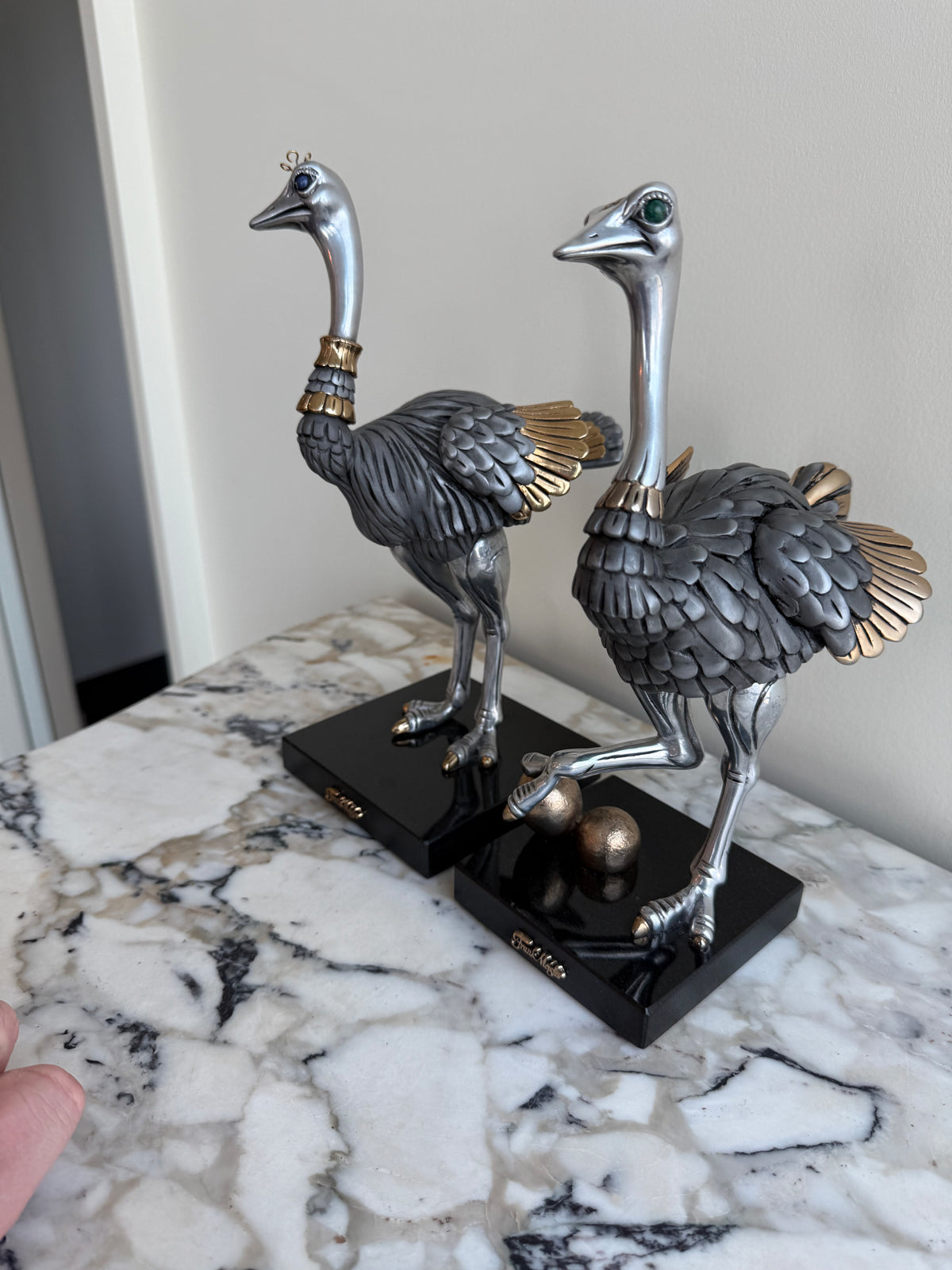 Pair of Frank Meisler Signed Limited Edition Male & Female Ostrich Fine Metal Sculptures- 10.75"