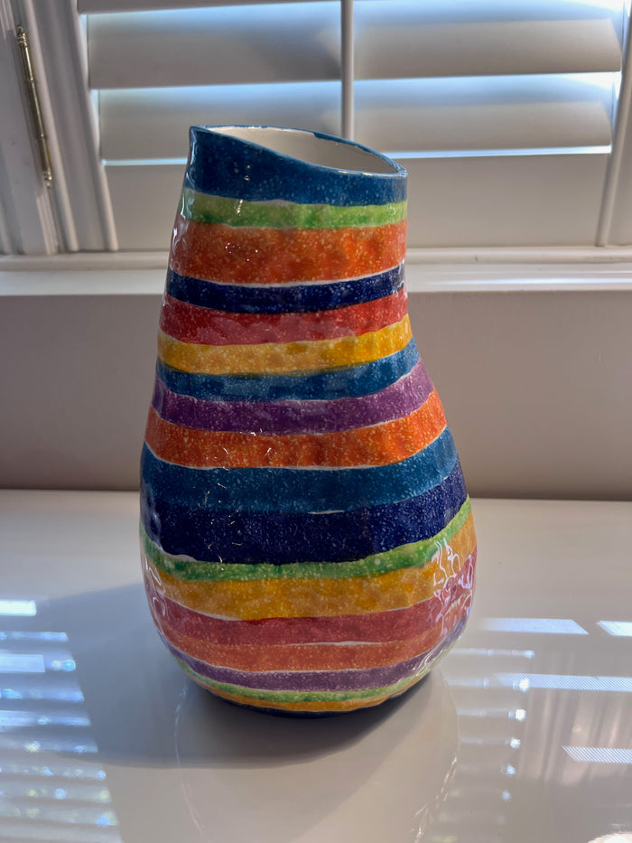 Vintage Abstract Freeform Rainbow Striped Italian Pottery Vase, Signed G Veuzo